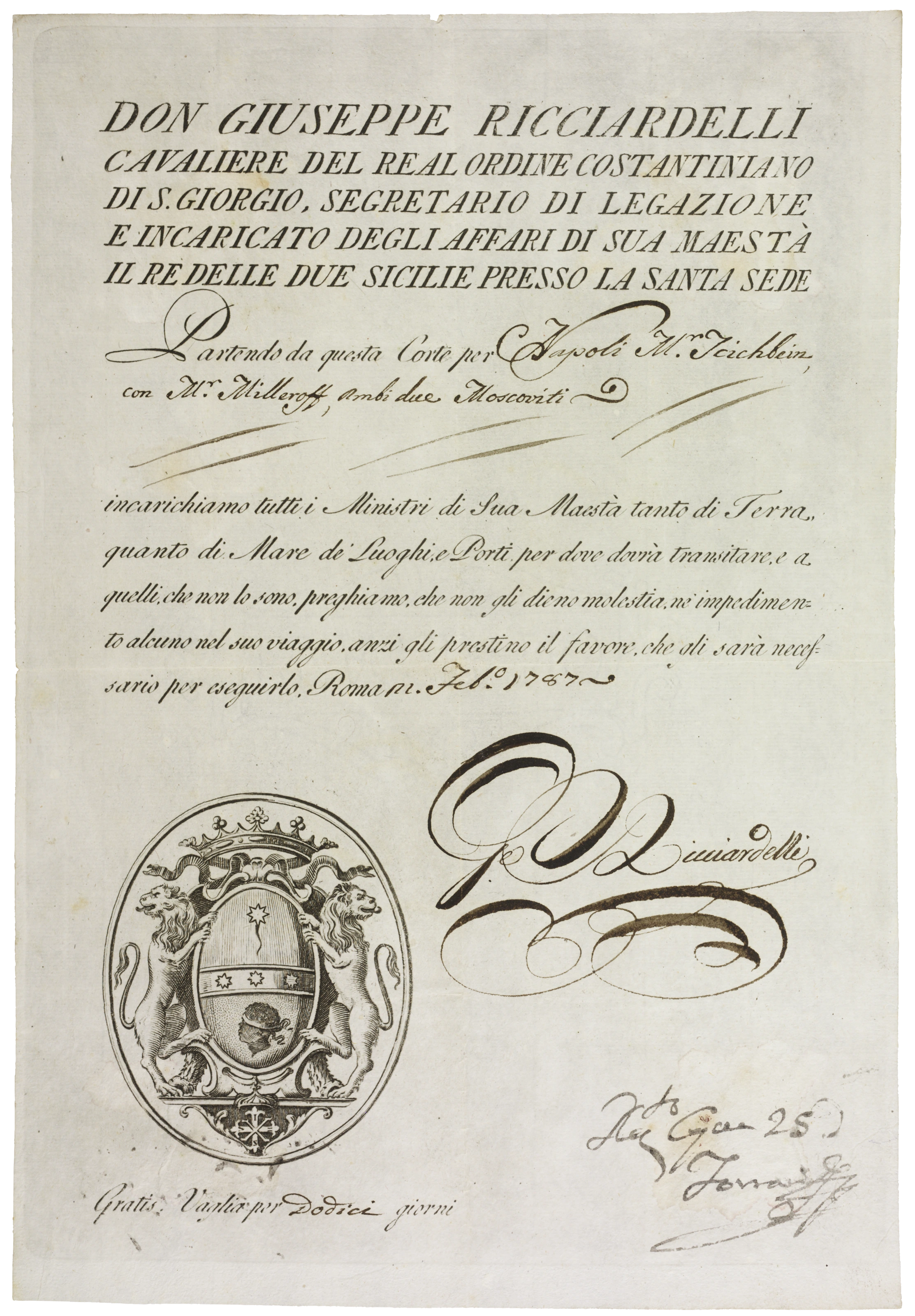 Goethes und Tischbeins gemeinsamer Pass für die Reise von Rom nach Neapel, 22. Februar 1787