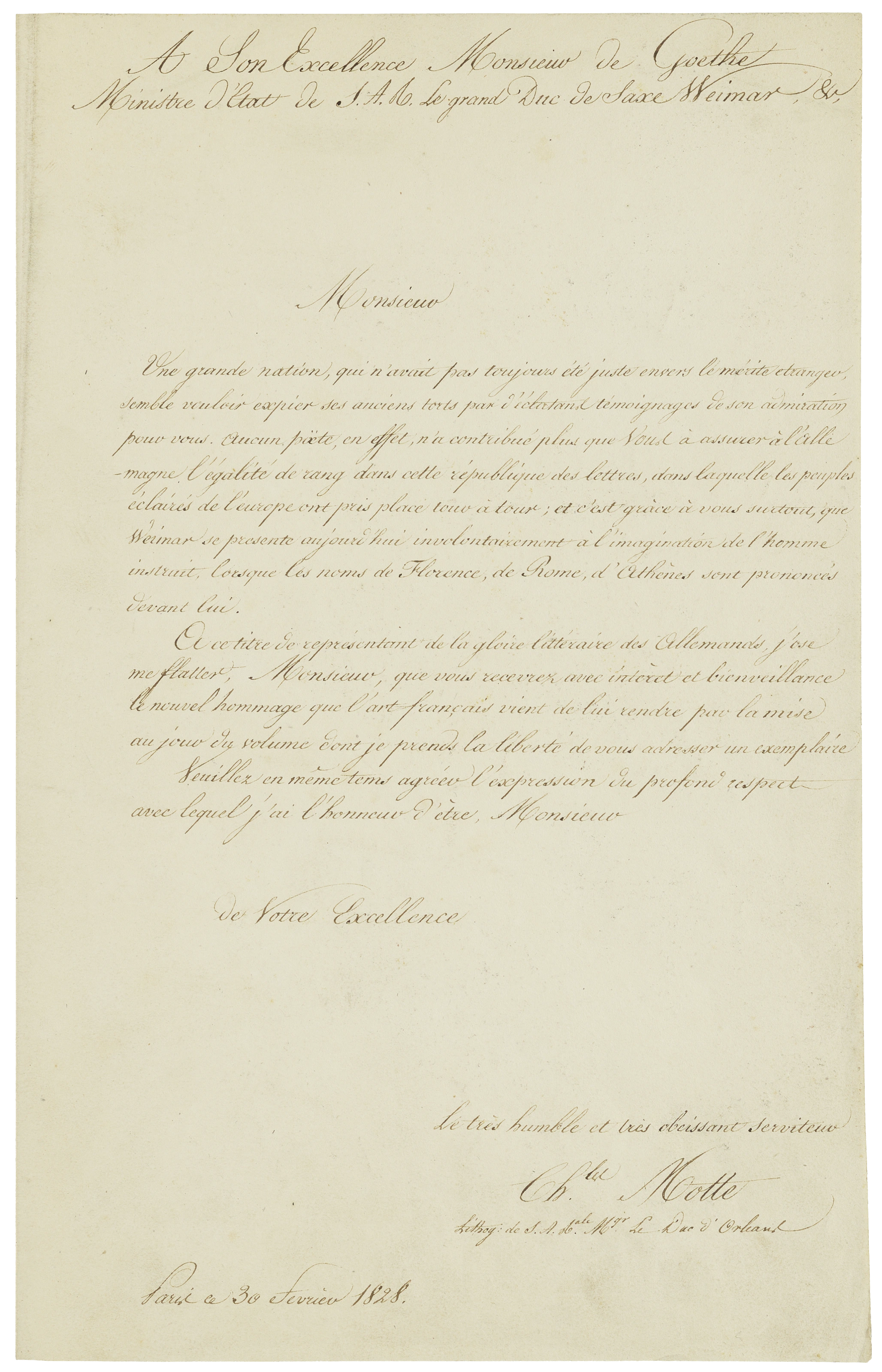 Charles Motte: Widmungsbrief des Verlegers an Goethe, 1828