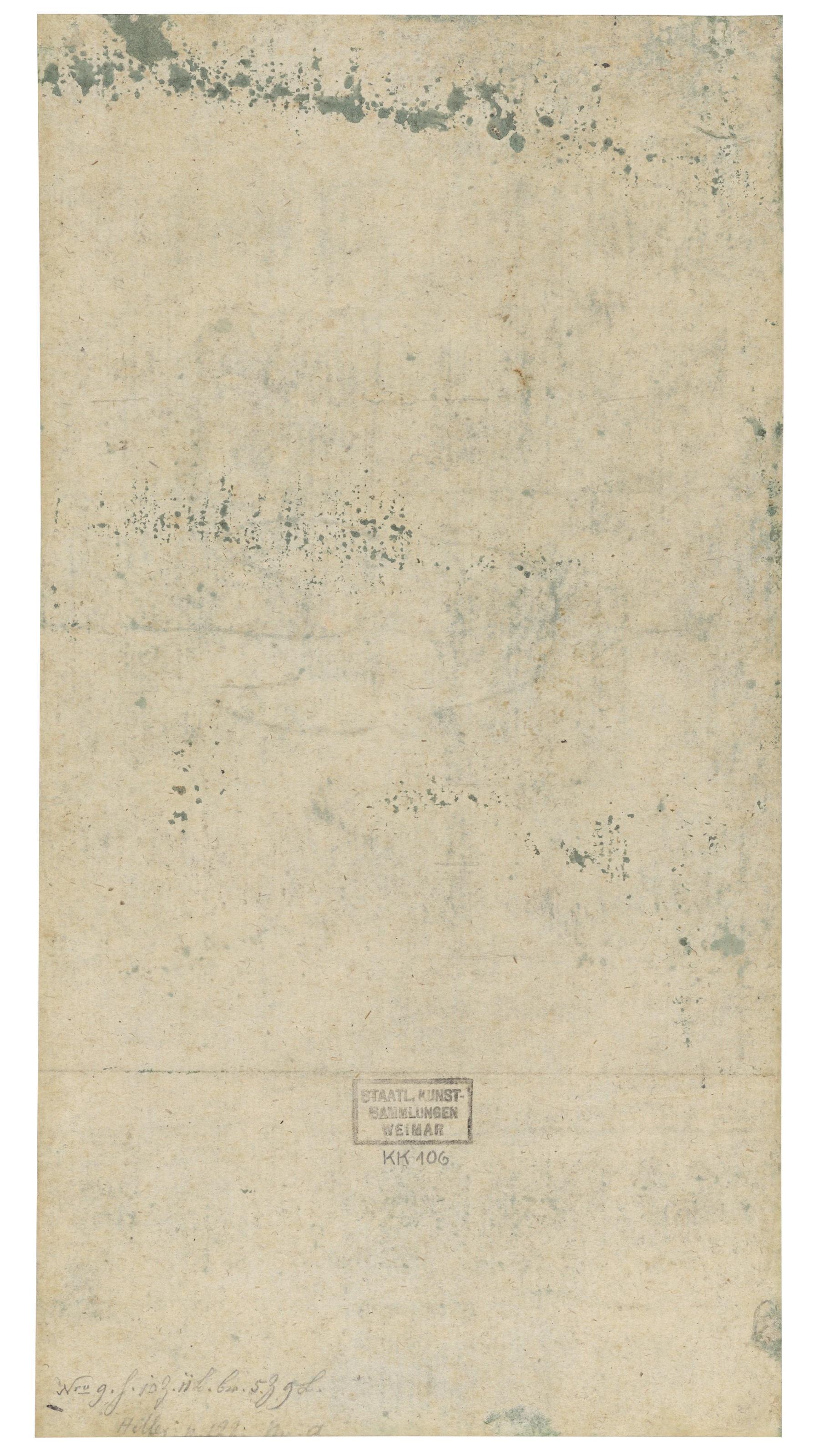 Rückseite mit Spuren der grünen Grundierung der Vorderseite