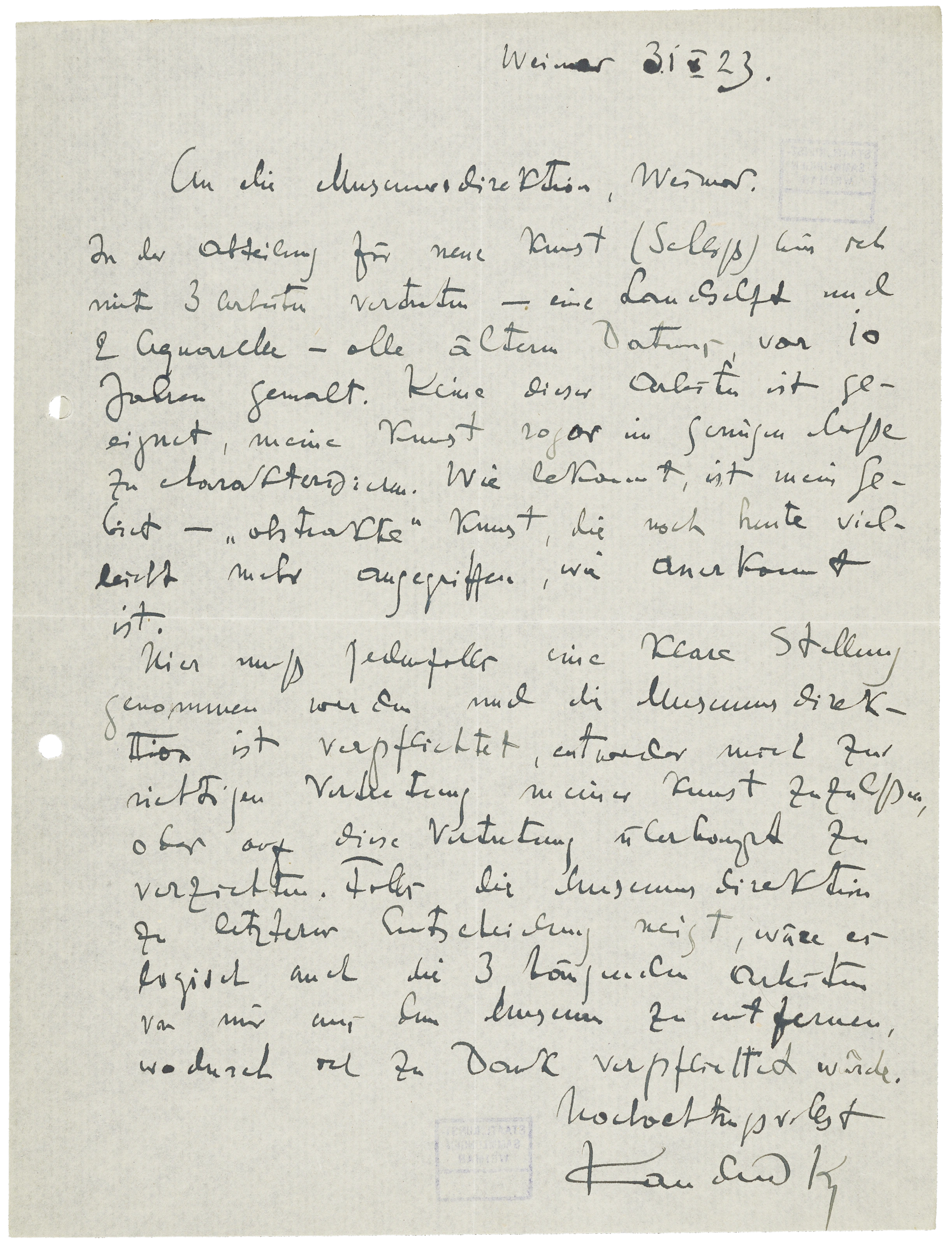 Wassily Kandinsky: Brief an Wilhelm Köhler, 31.10.1923