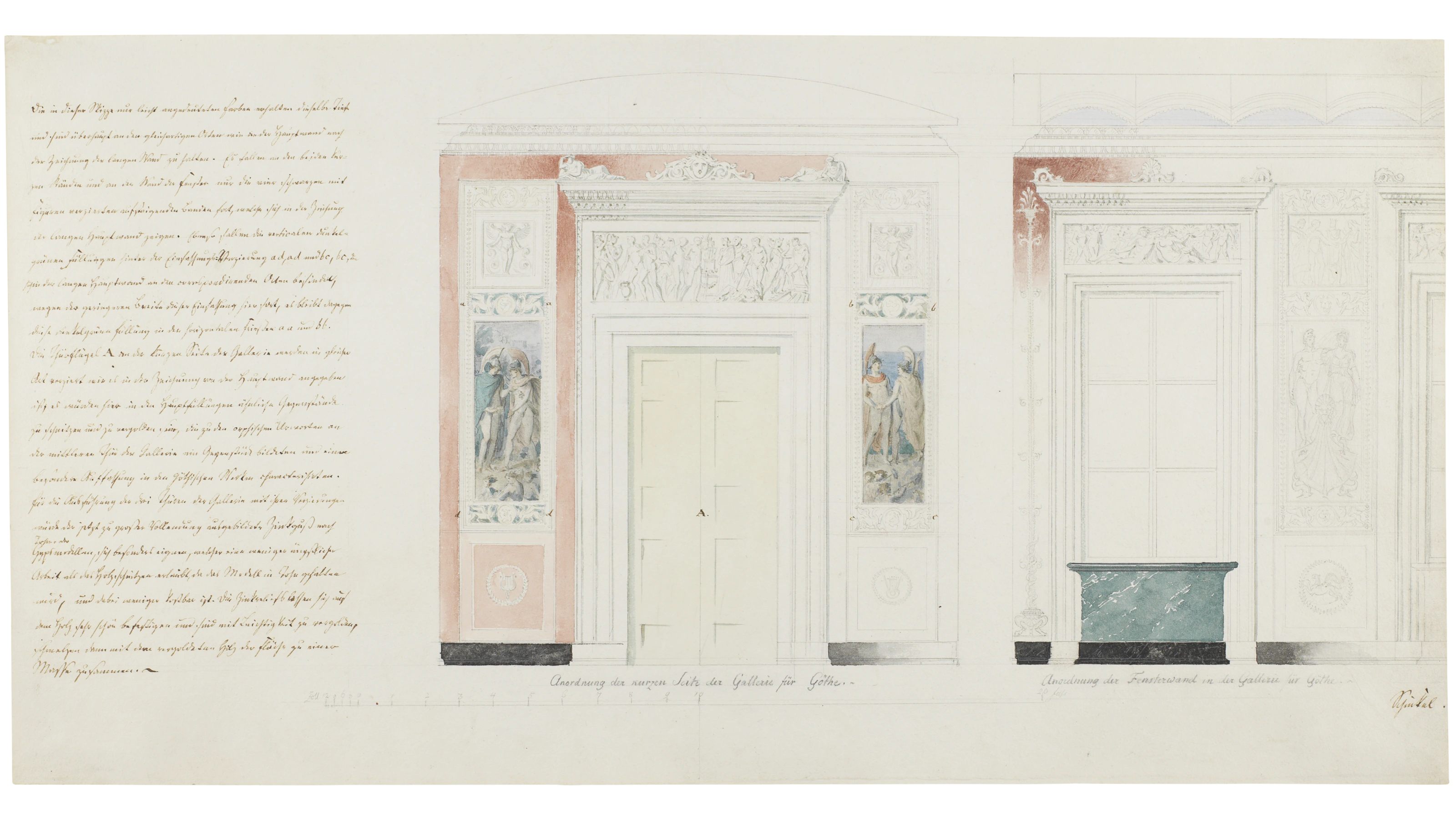 Karl Friedrich Schinkel, Entwurf für die Schmalseiten und die Fensterwand der Goethegalerie, 1836