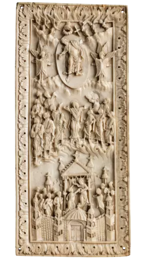 Hofschule Karls des Kahlen: Elfenbeinrelief mit der Himmelfahrt Christi und dem ungläubigen Thomas, 2. Hälfte 9. Jh.